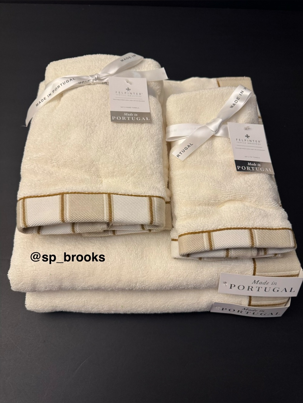 🎁6PC FELPINTER Bath Towel Set - Cream with Neutral Woven Striped Piping - Cotton